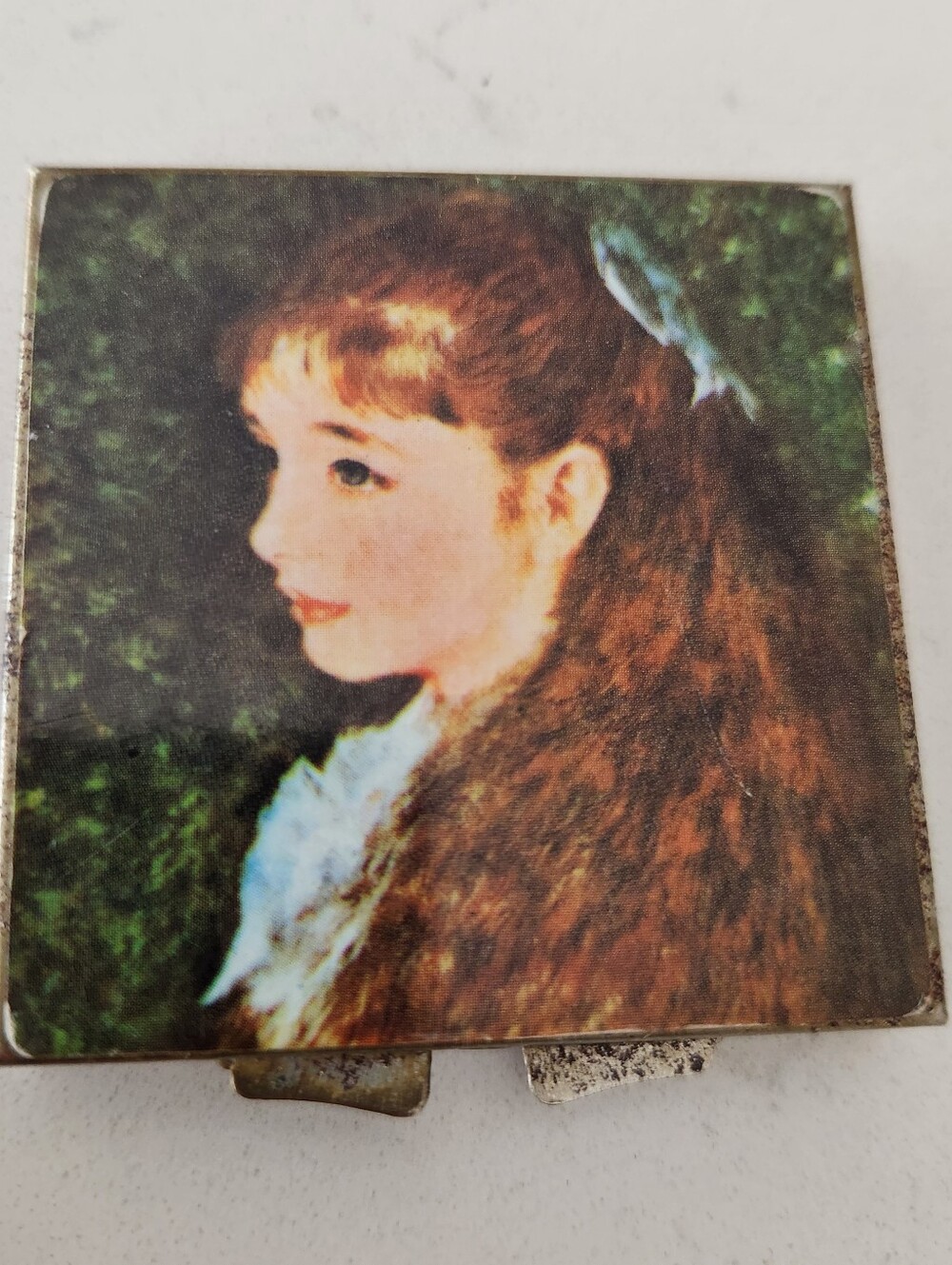 Vintage Double Mirror Compact: Lady Portrait, Silver Rim - hongkong 1950s renoir
